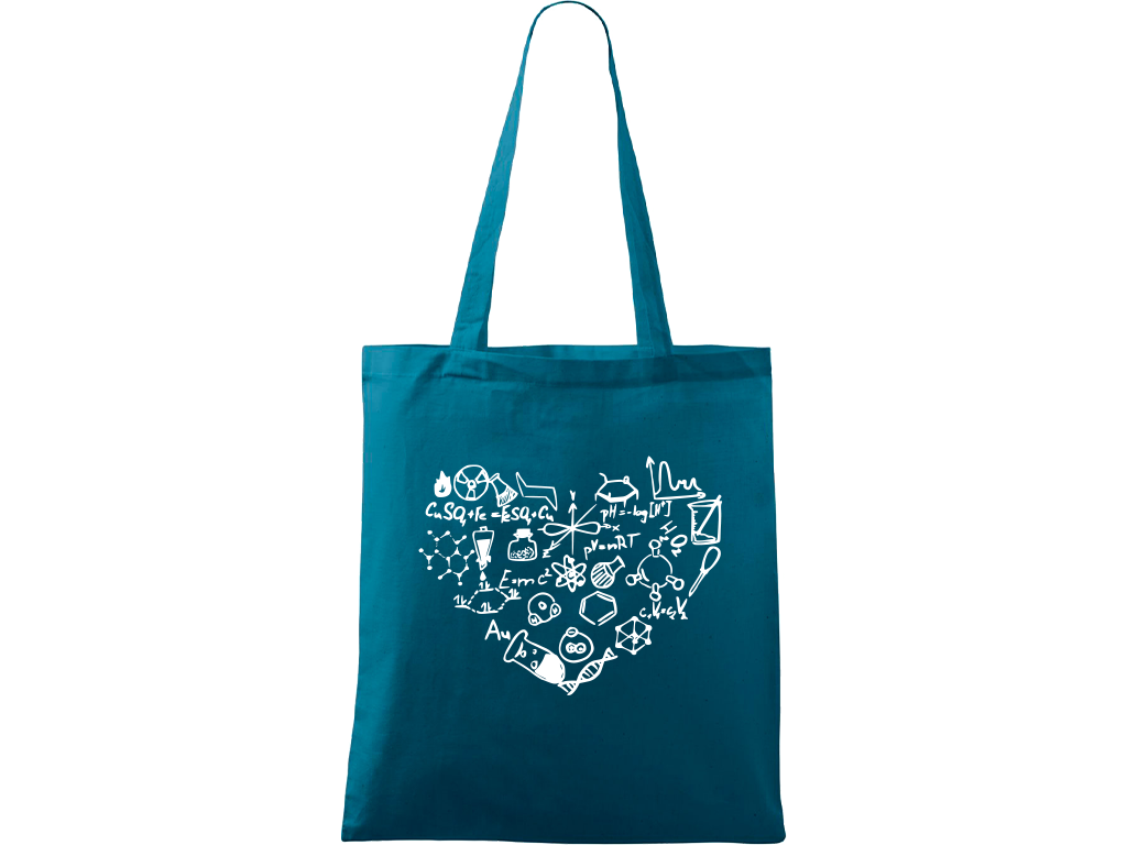 Ručně malovaná plátěná taška Handy - Chemikovo srdce Barva tašky: PETROLEJOVÁ, Barva motivu: BÍLÁ