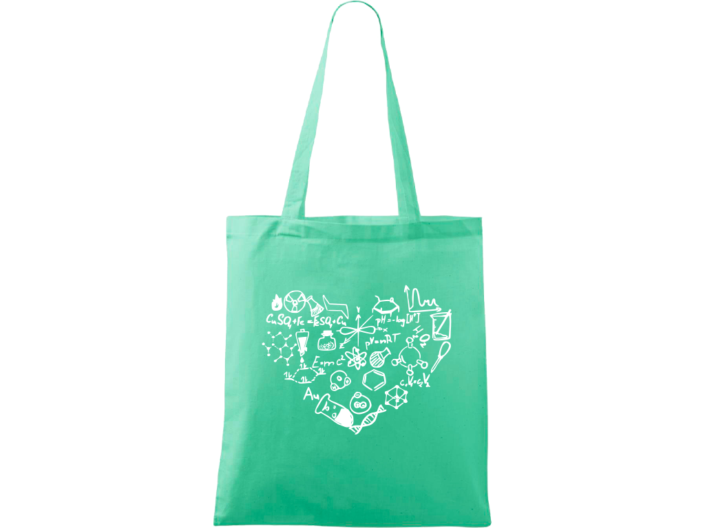 Ručně malovaná plátěná taška Handy - Chemikovo srdce Barva tašky: MÁTOVÁ, Barva motivu: BÍLÁ