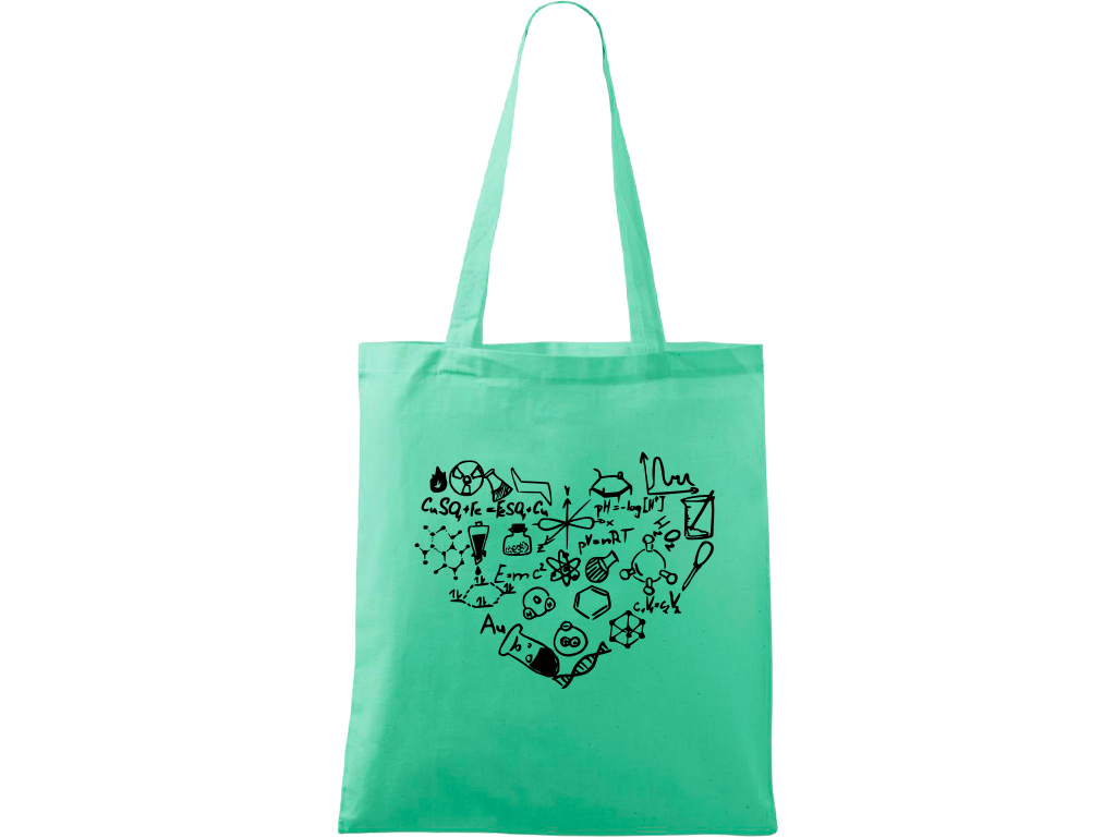 Ručně malovaná plátěná taška Handy - Chemikovo srdce Barva tašky: MÁTOVÁ, Barva motivu: ČERNÁ