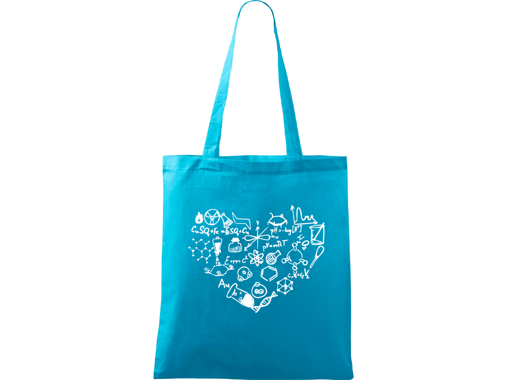 Ručně malovaná plátěná taška Handy - Chemikovo srdce Barva tašky: TYRKYSOVÁ, Barva motivu: BÍLÁ