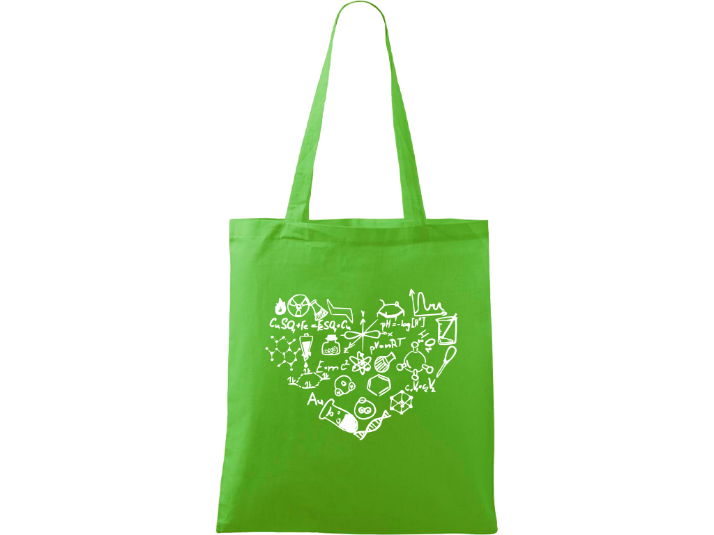 Ručně malovaná plátěná taška Handy - Chemikovo srdce Barva tašky: ZELENÁ, Barva motivu: BÍLÁ