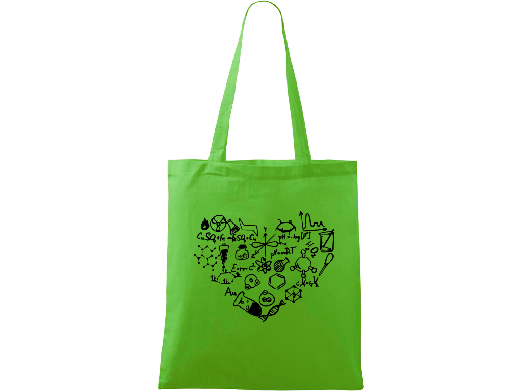 Ručně malovaná plátěná taška Handy - Chemikovo srdce Barva tašky: ZELENÁ, Barva motivu: ČERNÁ