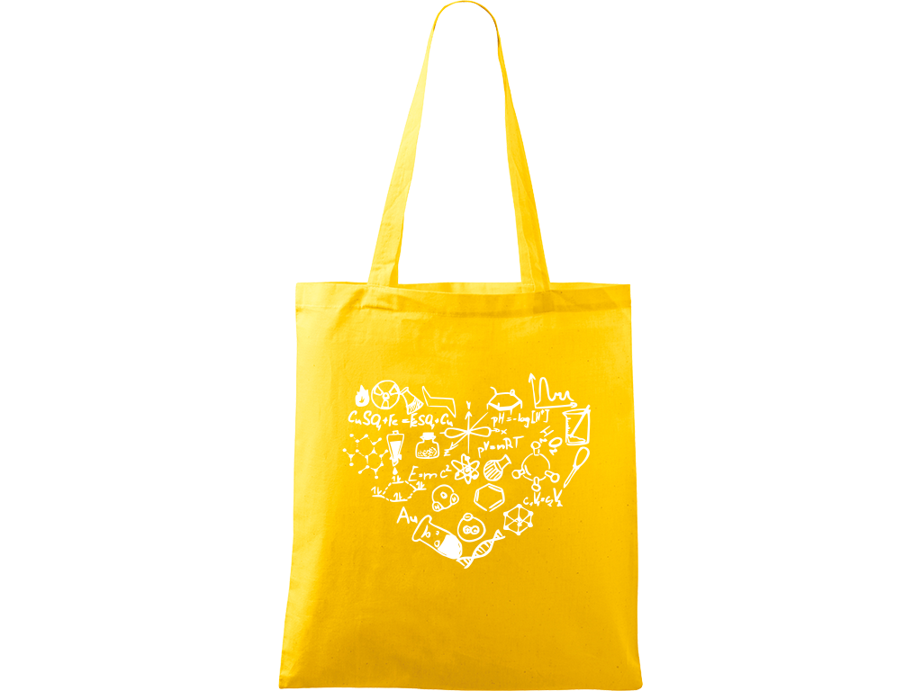 Ručně malovaná plátěná taška Handy - Chemikovo srdce Barva tašky: ŽLUTÁ, Barva motivu: BÍLÁ