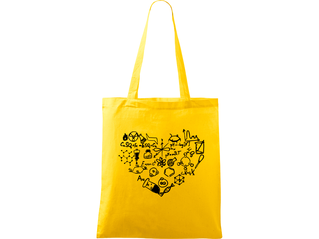 Ručně malovaná plátěná taška Handy - Chemikovo srdce Barva tašky: ŽLUTÁ, Barva motivu: ČERNÁ