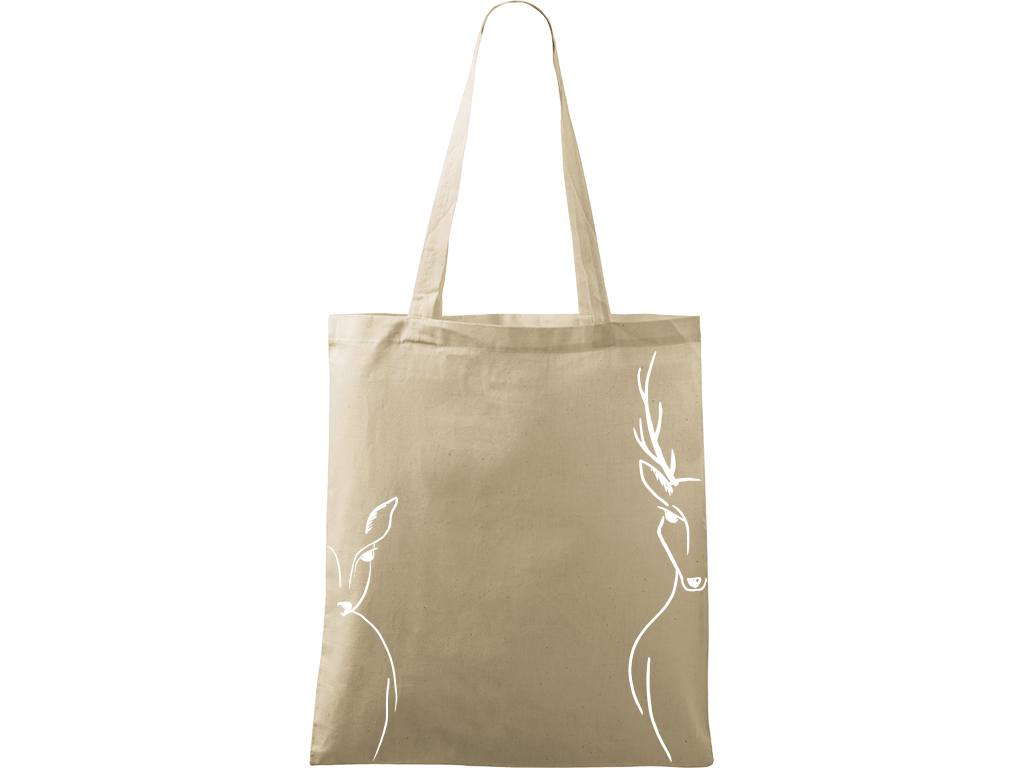 Ručně malovaná plátěná taška Handy - Srnka & Jelen po bocích Barva tašky: PŘÍRODNÍ, Barva motivu: BÍLÁ