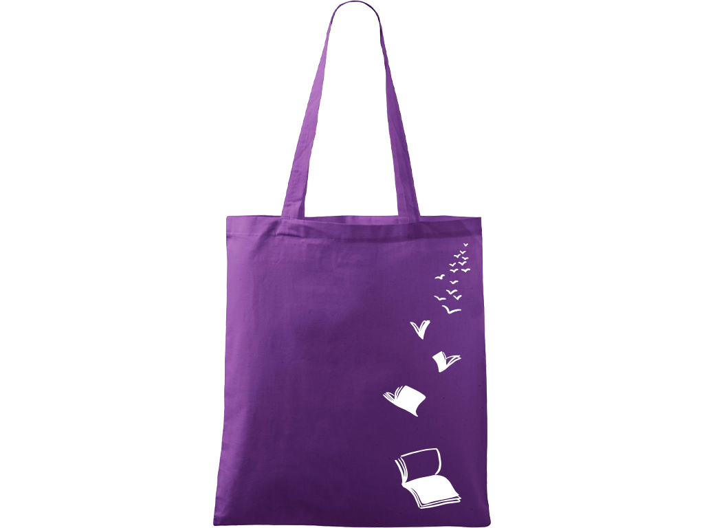 Ručně malovaná plátěná taška Handy - Knihy létající Barva tašky: FIALOVÁ, Barva motivu: BÍLÁ