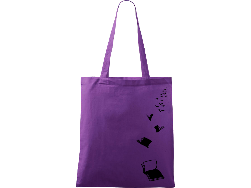 Ručně malovaná plátěná taška Handy - Knihy létající Barva tašky: FIALOVÁ, Barva motivu: ČERNÁ