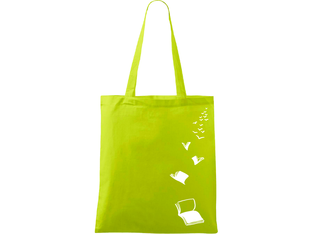Ručně malovaná plátěná taška Handy - Knihy létající Barva tašky: LIMETKOVÁ, Barva motivu: BÍLÁ