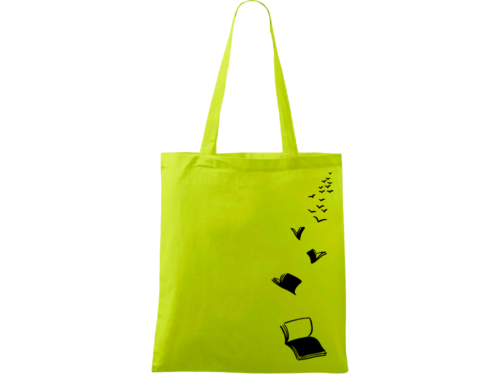 Ručně malovaná plátěná taška Handy - Knihy létající Barva tašky: LIMETKOVÁ, Barva motivu: ČERNÁ
