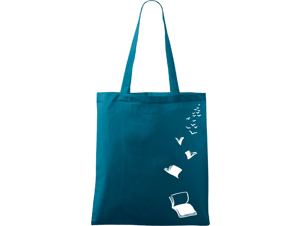 Ručně malovaná plátěná taška Handy - Knihy létající Barva tašky: PETROLEJOVÁ, Barva motivu: BÍLÁ