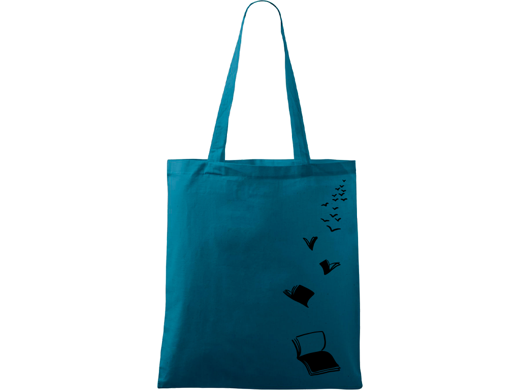 Ručně malovaná plátěná taška Handy - Knihy létající Barva tašky: PETROLEJOVÁ, Barva motivu: ČERNÁ