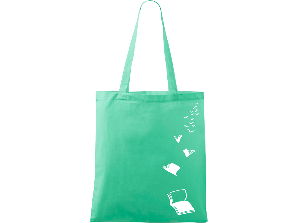 Ručně malovaná plátěná taška Handy - Knihy létající Barva tašky: MÁTOVÁ, Barva motivu: BÍLÁ