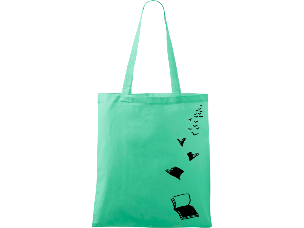 Ručně malovaná plátěná taška Handy - Knihy létající Barva tašky: MÁTOVÁ, Barva motivu: ČERNÁ