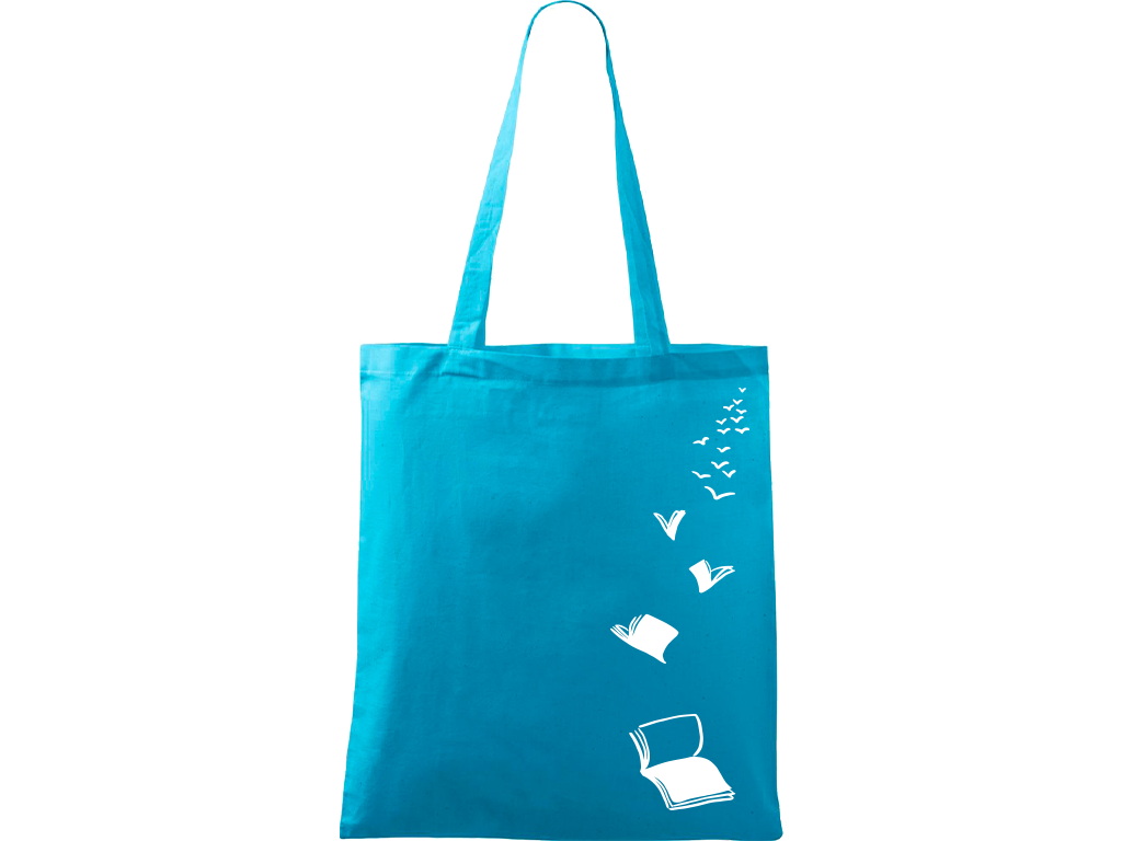 Ručně malovaná plátěná taška Handy - Knihy létající Barva tašky: TYRKYSOVÁ, Barva motivu: BÍLÁ