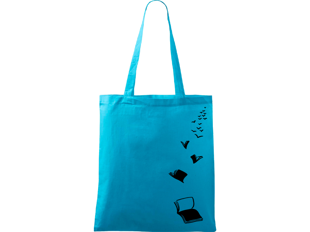 Ručně malovaná plátěná taška Handy - Knihy létající Barva tašky: TYRKYSOVÁ, Barva motivu: ČERNÁ