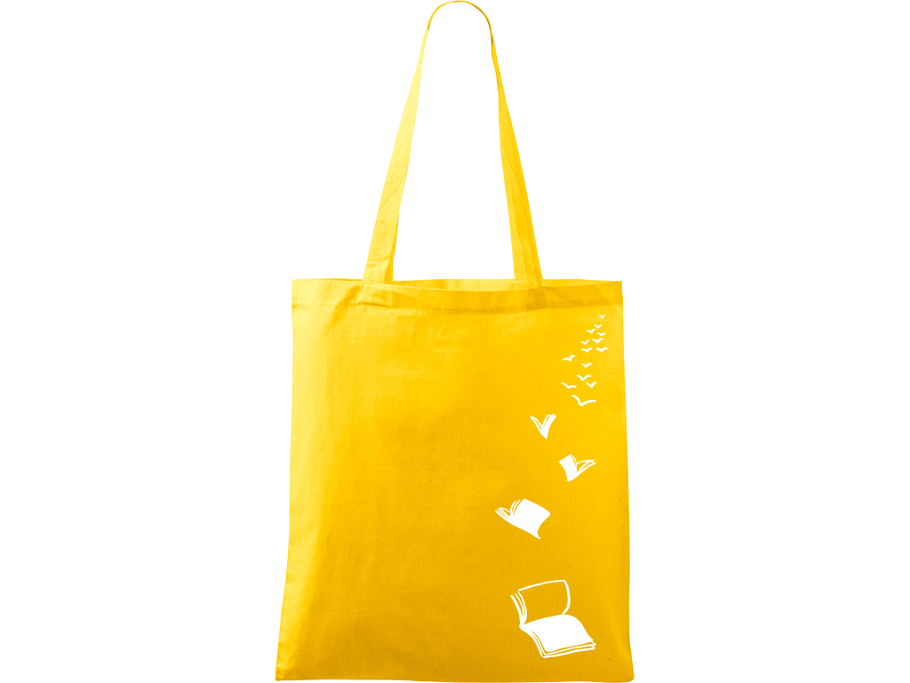 Ručně malovaná plátěná taška Handy - Knihy létající Barva tašky: ŽLUTÁ, Barva motivu: BÍLÁ