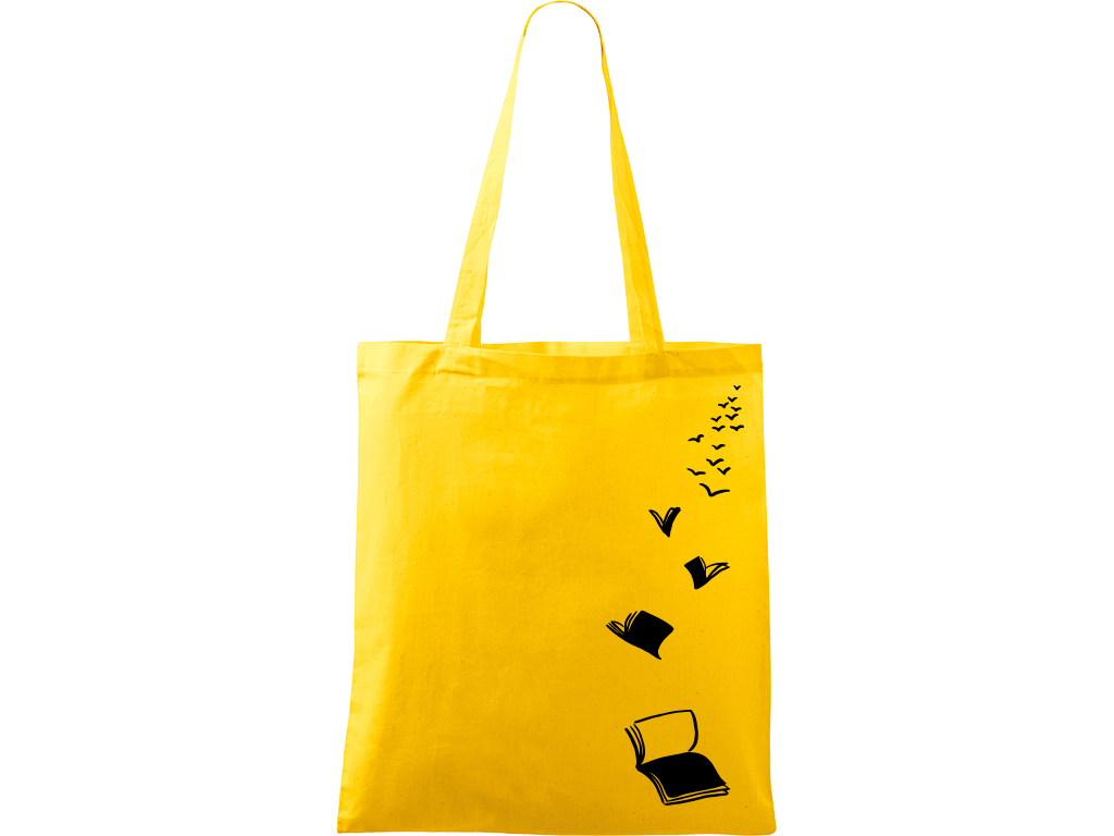 Ručně malovaná plátěná taška Handy - Knihy létající Barva tašky: ŽLUTÁ, Barva motivu: ČERNÁ