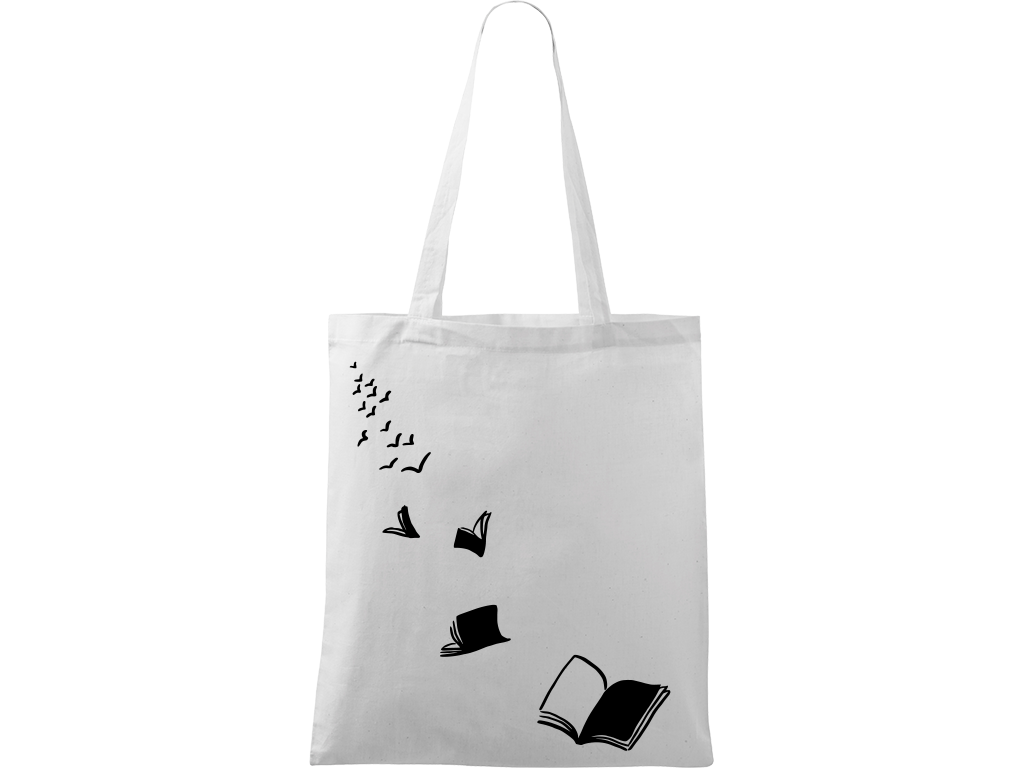 Ručně malovaná plátěná taška Handy - Knihy létající - 2 Barva tašky: BÍLÁ, Barva motivu: ČERNÁ