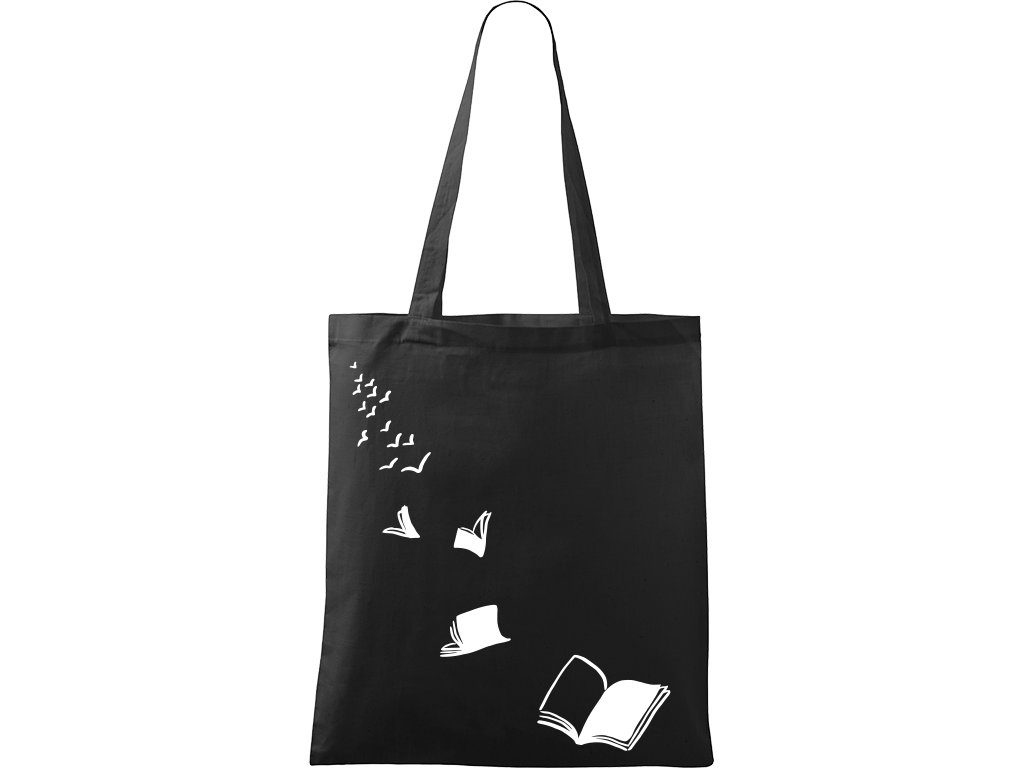 Ručně malovaná plátěná taška Handy - Knihy létající - 2 Barva tašky: ČERNÁ, Barva motivu: BÍLÁ