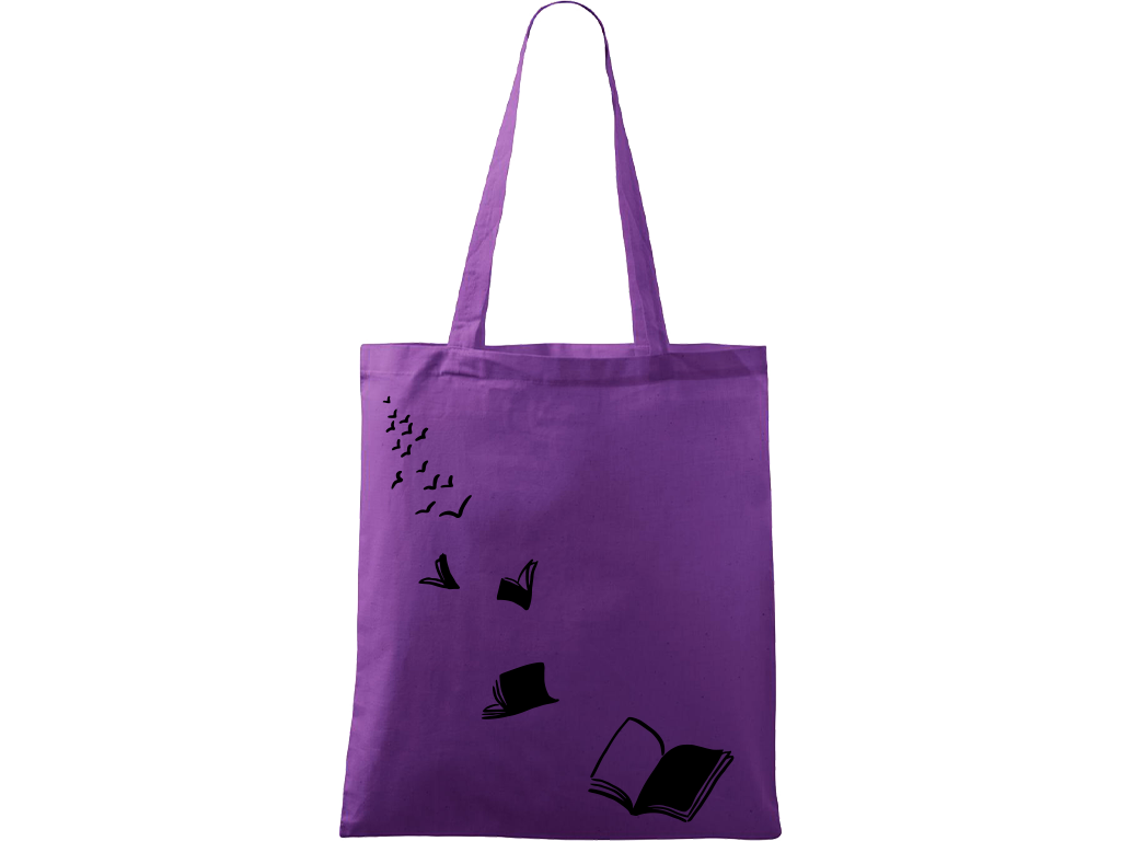 Ručně malovaná plátěná taška Handy - Knihy létající - 2 Barva tašky: FIALOVÁ, Barva motivu: ČERNÁ