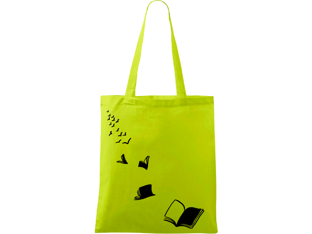 Ručně malovaná plátěná taška Handy - Knihy létající - 2 Barva tašky: LIMETKOVÁ, Barva motivu: ČERNÁ
