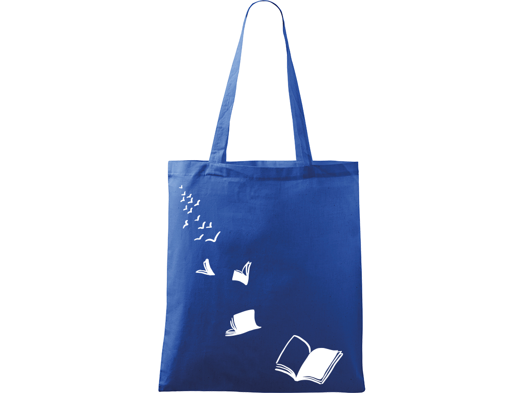 Ručně malovaná plátěná taška Handy - Knihy létající - 2 Barva tašky: MODRÁ, Barva motivu: BÍLÁ