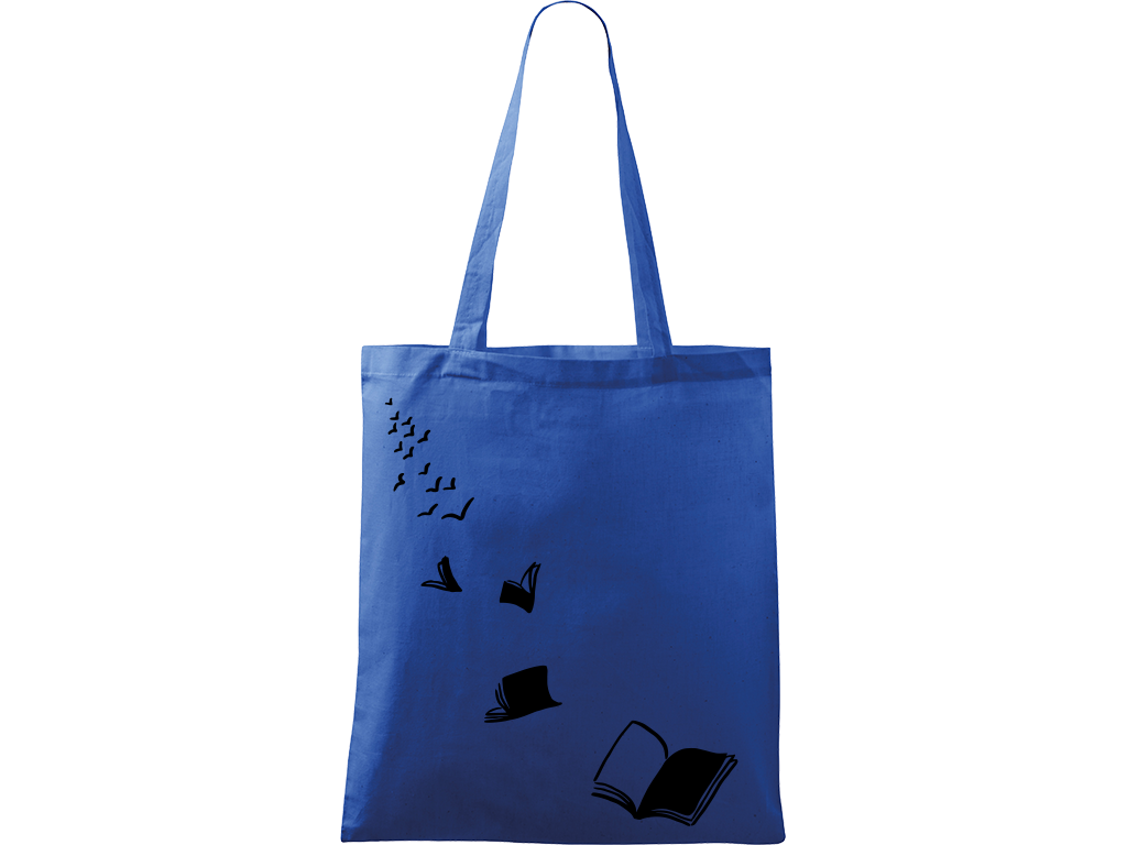 Ručně malovaná plátěná taška Handy - Knihy létající - 2 Barva tašky: MODRÁ, Barva motivu: ČERNÁ