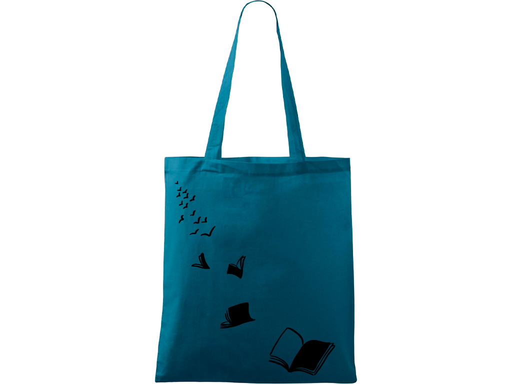 Ručně malovaná plátěná taška Handy - Knihy létající - 2 Barva tašky: PETROLEJOVÁ, Barva motivu: ČERNÁ
