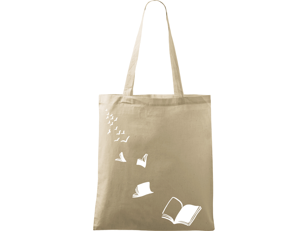 Ručně malovaná plátěná taška Handy - Knihy létající - 2 Barva tašky: PŘÍRODNÍ, Barva motivu: BÍLÁ