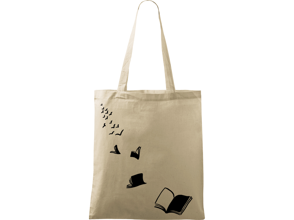Ručně malovaná plátěná taška Handy - Knihy létající - 2 Barva tašky: PŘÍRODNÍ, Barva motivu: ČERNÁ