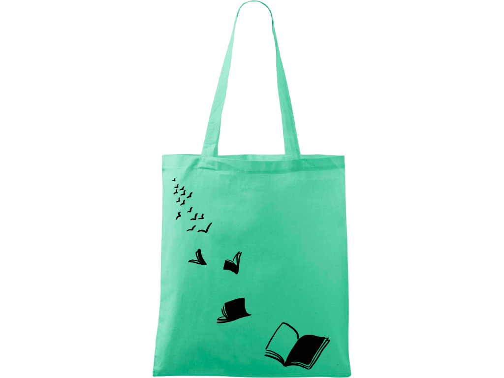 Ručně malovaná plátěná taška Handy - Knihy létající - 2 Barva tašky: MÁTOVÁ, Barva motivu: ČERNÁ