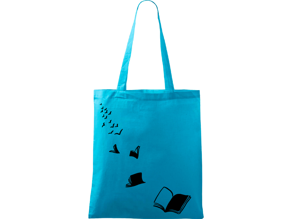 Ručně malovaná plátěná taška Handy - Knihy létající - 2 Barva tašky: TYRKYSOVÁ, Barva motivu: ČERNÁ