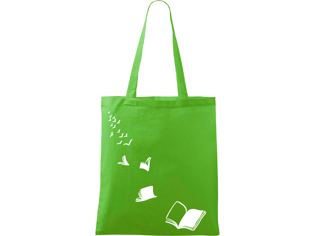 Ručně malovaná plátěná taška Handy - Knihy létající - 2 Barva tašky: ZELENÁ, Barva motivu: BÍLÁ