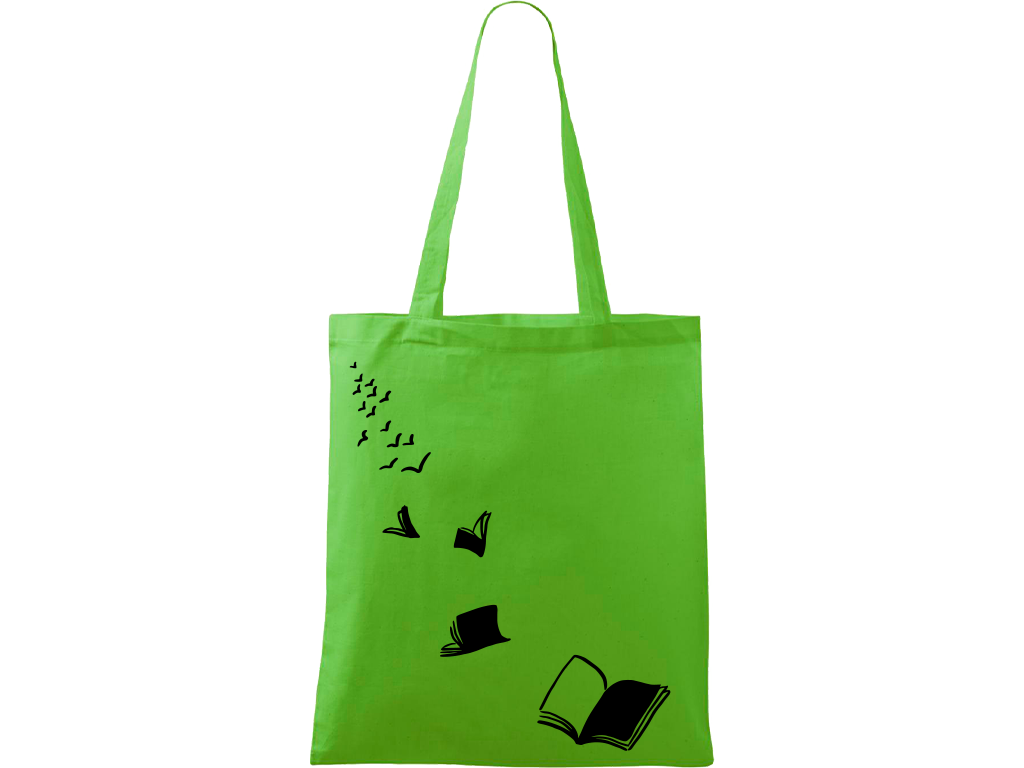 Ručně malovaná plátěná taška Handy - Knihy létající - 2 Barva tašky: ZELENÁ, Barva motivu: ČERNÁ