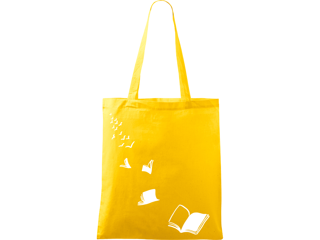 Ručně malovaná plátěná taška Handy - Knihy létající - 2 Barva tašky: ŽLUTÁ, Barva motivu: BÍLÁ
