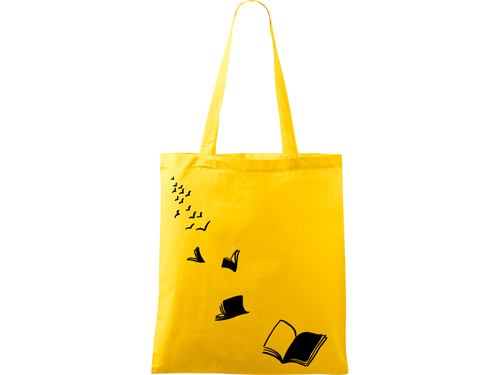 Ručně malovaná plátěná taška Handy - Knihy létající - 2 Barva tašky: ŽLUTÁ, Barva motivu: ČERNÁ