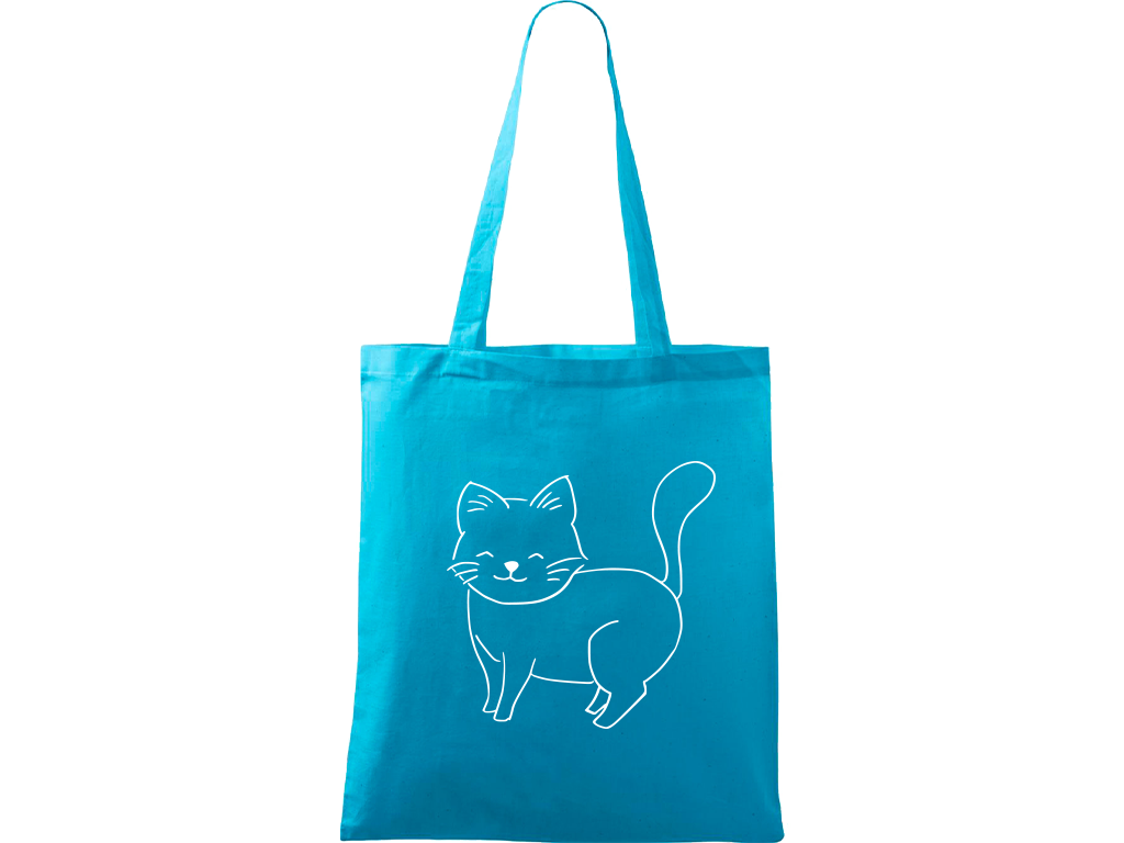 Ručně malovaná plátěná taška Handy - Kočka Barva tašky: TYRKYSOVÁ, Barva motivu: BÍLÁ