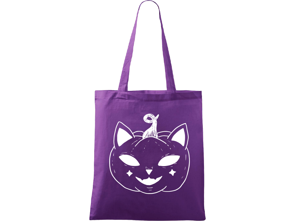 Ručně malovaná plátěná taška Handy - Halloween kočka - Dýně Barva tašky: FIALOVÁ, Barva motivu: BÍLÁ