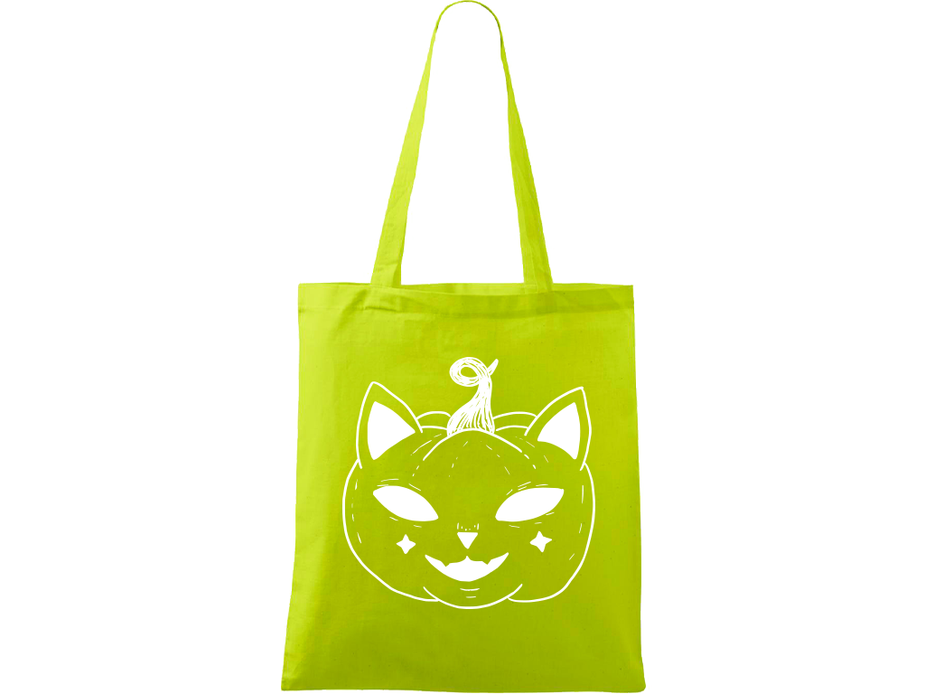 Ručně malovaná plátěná taška Handy - Halloween kočka - Dýně Barva tašky: LIMETKOVÁ, Barva motivu: BÍLÁ