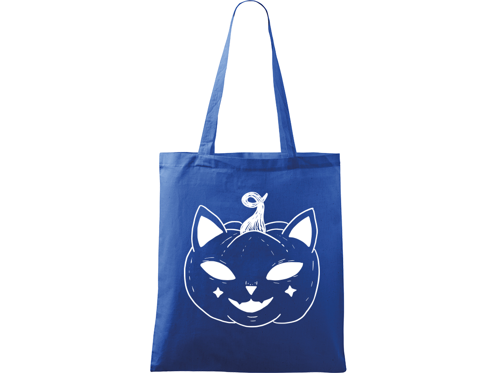 Ručně malovaná plátěná taška Handy - Halloween kočka - Dýně Barva tašky: MODRÁ, Barva motivu: BÍLÁ