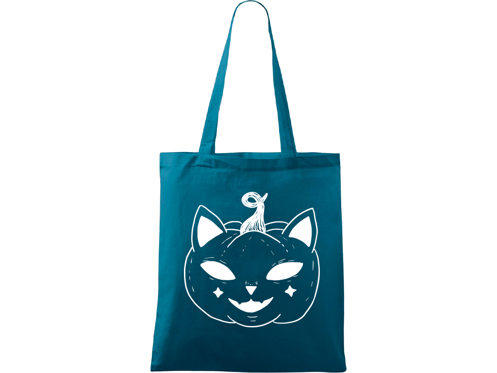 Ručně malovaná plátěná taška Handy - Halloween kočka - Dýně Barva tašky: PETROLEJOVÁ, Barva motivu: BÍLÁ