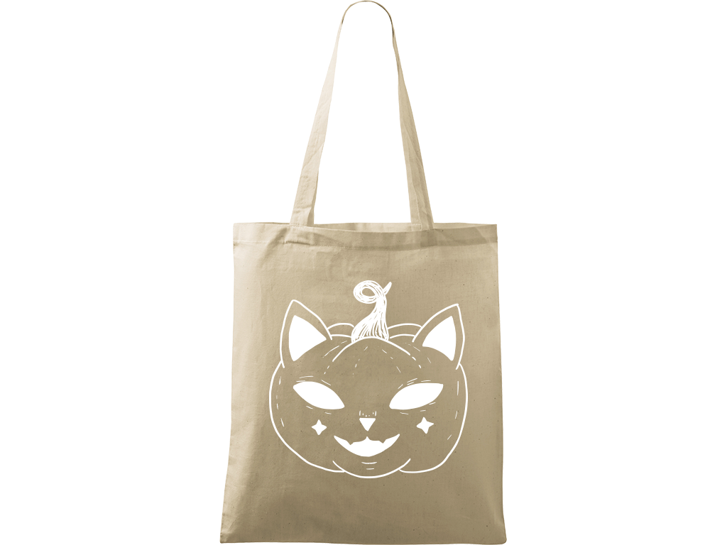Ručně malovaná plátěná taška Handy - Halloween kočka - Dýně Barva tašky: PŘÍRODNÍ, Barva motivu: BÍLÁ