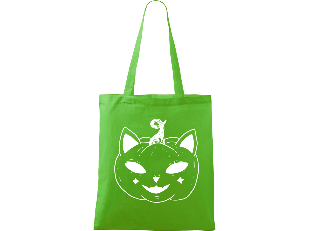 Ručně malovaná plátěná taška Handy - Halloween kočka - Dýně Barva tašky: ZELENÁ, Barva motivu: BÍLÁ