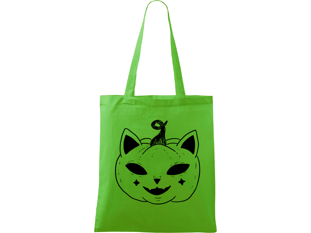 Ručně malovaná plátěná taška Handy - Halloween kočka - Dýně Barva tašky: ZELENÁ, Barva motivu: ČERNÁ
