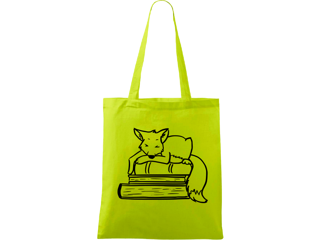 Ručně malovaná plátěná taška Handy - Liška na knihách Barva tašky: LIMETKOVÁ, Barva motivu: ČERNÁ
