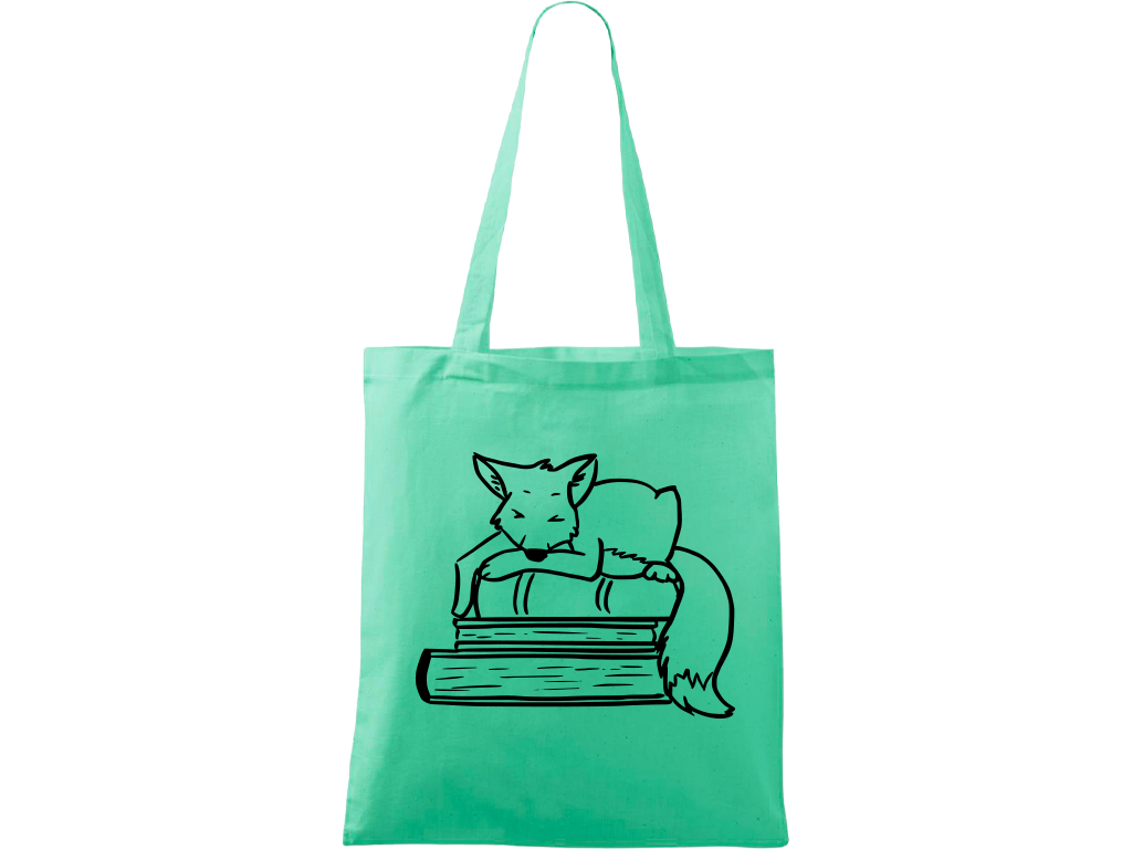 Ručně malovaná plátěná taška Handy - Liška na knihách Barva tašky: MÁTOVÁ, Barva motivu: ČERNÁ