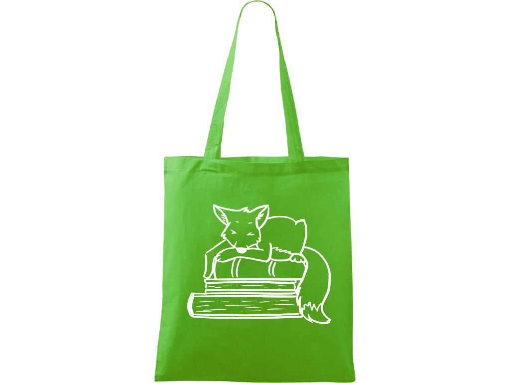 Ručně malovaná plátěná taška Handy - Liška na knihách Barva tašky: ZELENÁ, Barva motivu: BÍLÁ