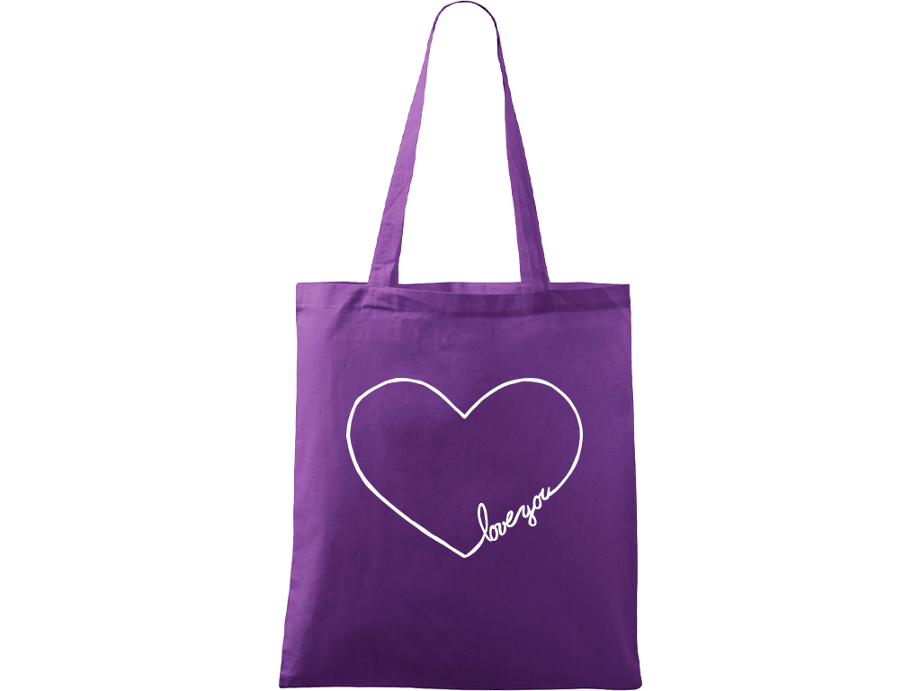 Ručně malovaná plátěná taška Handy - "Love You" srdce Barva tašky: FIALOVÁ, Barva motivu: BÍLÁ