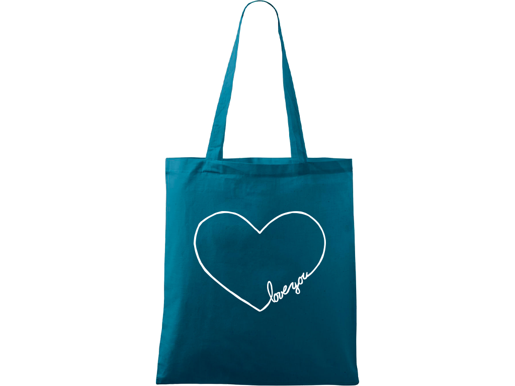 Ručně malovaná plátěná taška Handy - "Love You" srdce Barva tašky: PETROLEJOVÁ, Barva motivu: BÍLÁ