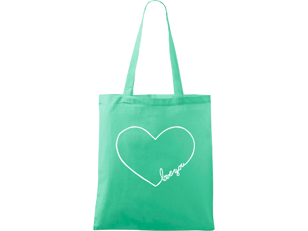Ručně malovaná plátěná taška Handy - "Love You" srdce Barva tašky: MÁTOVÁ, Barva motivu: BÍLÁ